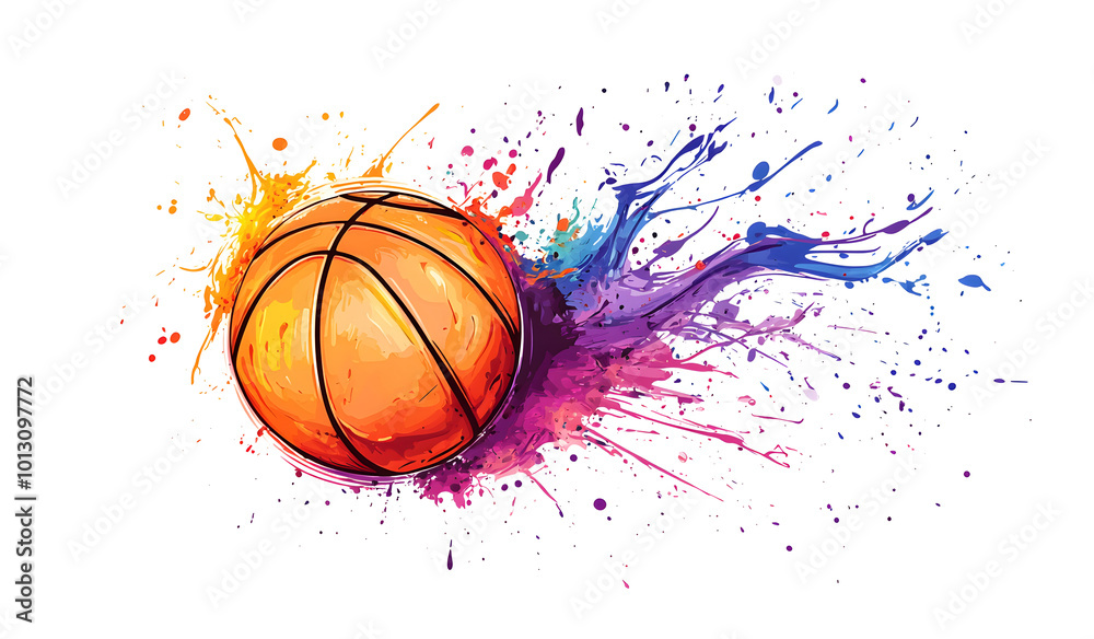 Basketball with splashes of watercolor paint on a green background design Basketball with splashes of watercolor paint on a green background design