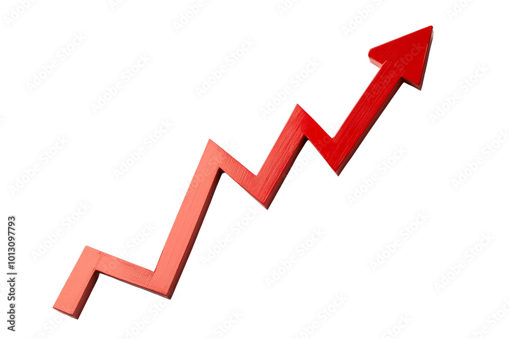 Red upward arrow symbolizing growth and success on a white isolated background. Red upward arrow symbolizing growth and success on a white isolated background.