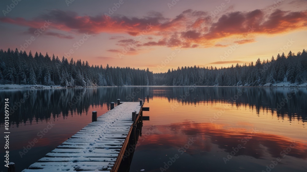 A wooden dock extends into a still lake, covered in snow, surrounded by pine trees. The sky is ablaze with pink and orange hues as the sun sets, creating a beautiful reflection in the water. A wooden dock extends into a still lake, covered in snow, surrounded by pine trees. The sky is ablaze with pink and orange hues as the sun sets, creating a beautiful reflection in the water.