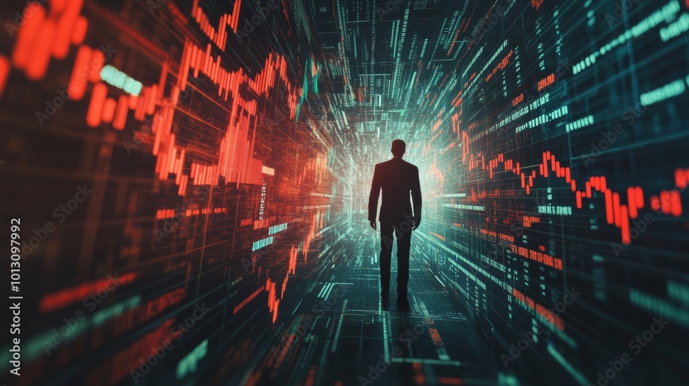 Businessman Walking Through Data Tunnel. Businessman Walking Through Data Tunnel.