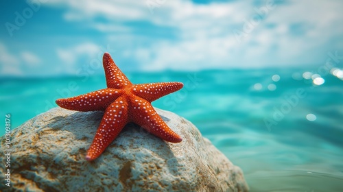 red starfish clinging to a rock in the shallows photo