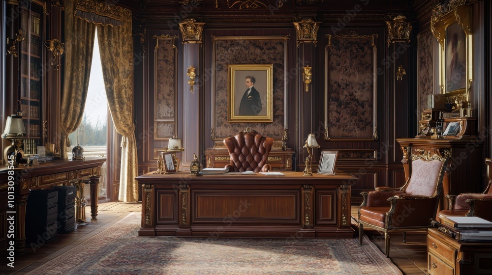 A royal-inspired home office with a grand wooden desk, ornate chairs, and regal decor, showcasing professional authority and sophistication. A royal-inspired home office with a grand wooden desk, ornate chairs, and regal decor, showcasing professional authority and sophistication.