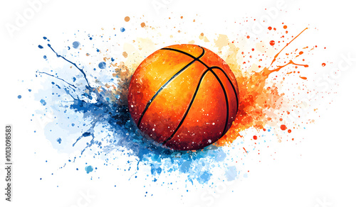 Basketball with splashes of watercolor paint on a green background design