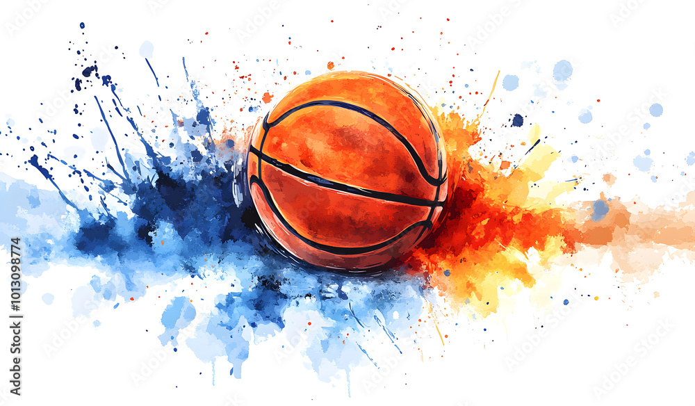 Basketball with splashes of watercolor paint on a green background design Basketball with splashes of watercolor paint on a green background design