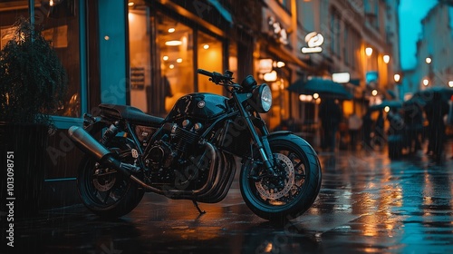 glossy black motorcycle parked outside a bustling city cafe