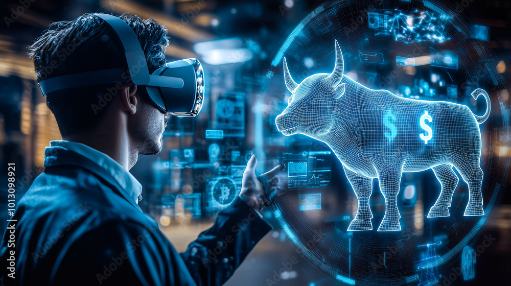 A businessman wears VR glasses while analyzing a financial stock graph, symbolizing a bullish market. The concept of innovation in financial analysis. Generative AI. A businessman wears VR glasses while analyzing a financial stock graph, symbolizing a bullish market. The concept of innovation in financial analysis. Generative AI.