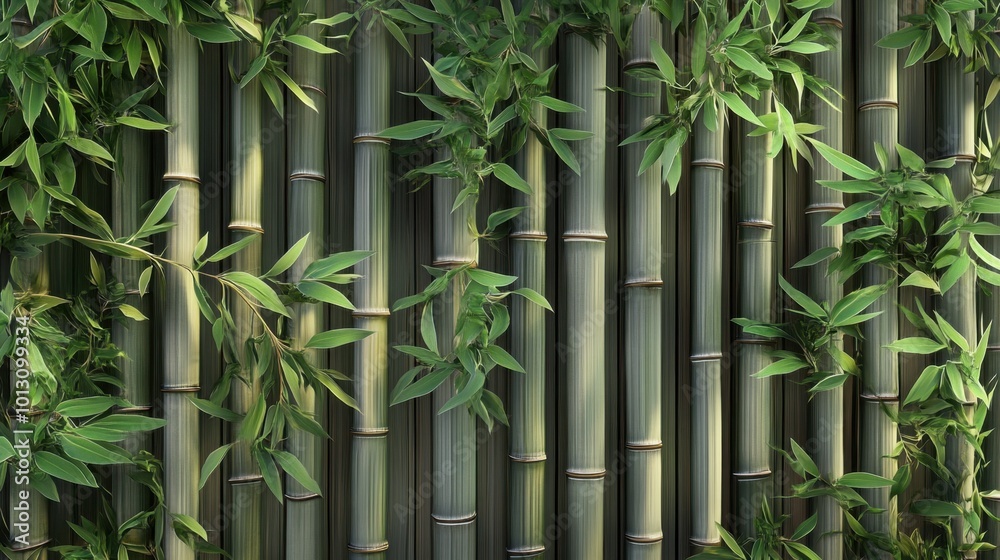 Obraz premium A serene bamboo fence design with tall, slender branches forming an elegant and eco-friendly outdoor wall. Realistic, highly detailed