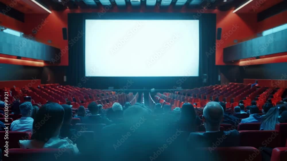 Audience watching a film in a modern red theater with large screen