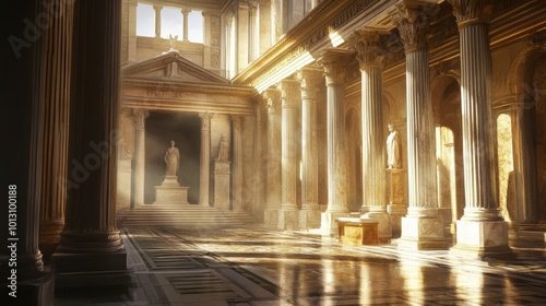 Ancient Roman temple with columns and statues.