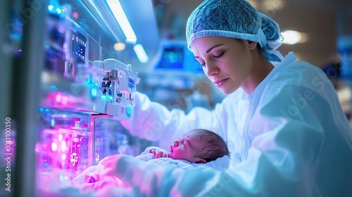 A caring healthcare professional monitors a newborn in a neonatal intensive care unit using advanced medical equipment.