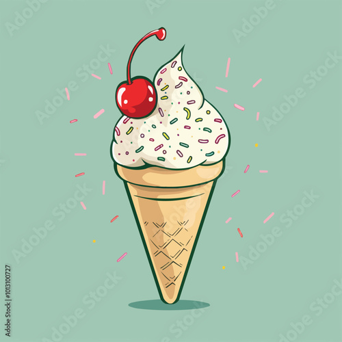 Ice cream cone with sprinkles and a cherry on top, sweet treat delight, vector illustration for t-shirt, flat style.