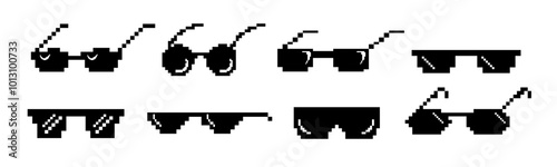 Set of black pixel sun glasses for cool memes. Gangster glasses in bitmap style.
