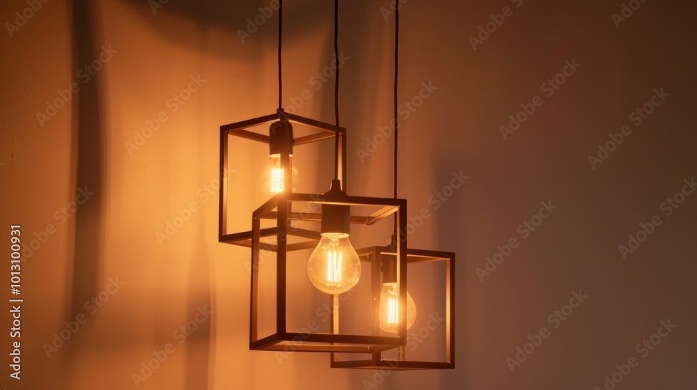 Three Square Chandelier Lamps Hanging in a Room Three Square Chandelier Lamps Hanging in a Room