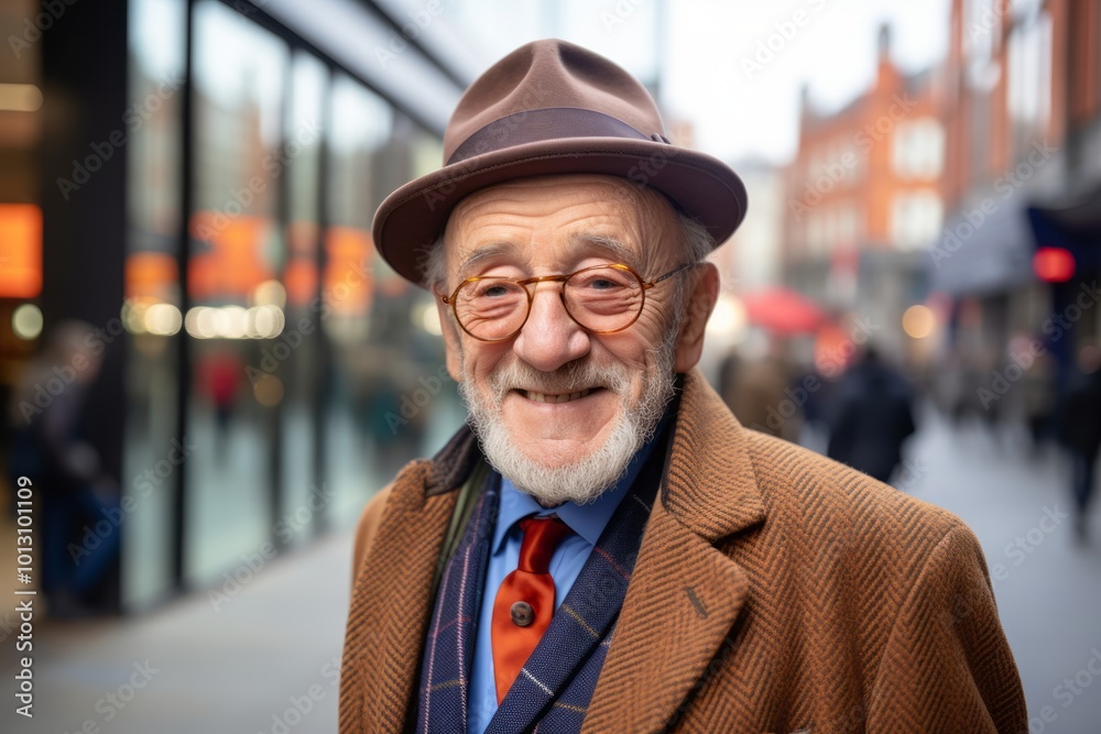 Portrait of a senior man with hat and glasses in the city. Portrait of a senior man with hat and glasses in the city.
