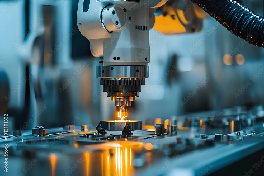 Robot performing a final quality inspection on a precision machined part, robotic inspection, high tech manufacturing QC Robot performing a final quality inspection on a precision machined part, robotic inspection, high tech manufacturing QC