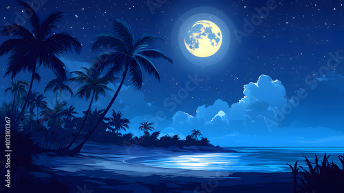 Beach, palm trees, full moon in the sky, cartoon-style night scene, simple background, blue tones, high-definition wallpaper, high-resolution design, high detail design, high-quality design