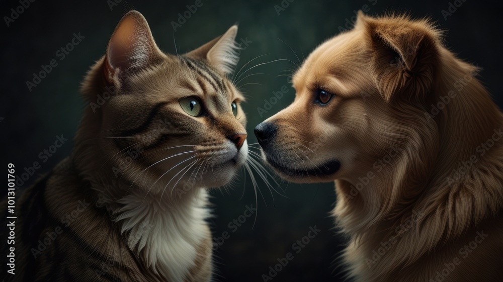 Fototapeta premium A cat and a dog look at each other with curiosity and affection, their heads close together against a dark background.