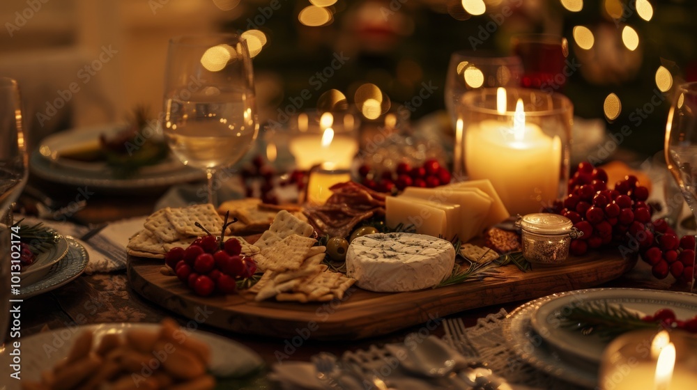 A cozy festive dinner setting with cheese, crackers, and candles glowing warmly in the background for a joyful gathering.