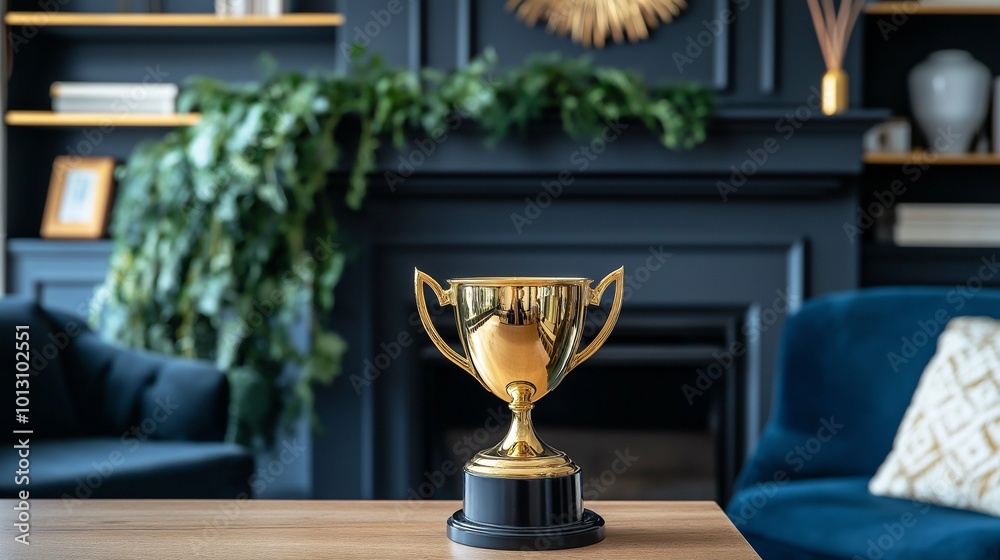 shiny golden trophy displayed proudly on a mantle shiny golden trophy displayed proudly on a mantle