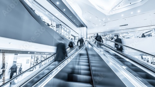 People customer transport on escalator at urban shopping mall, Department store business, financial economy,city life, tourist traveler lifestyle,Motion blur,copy space.