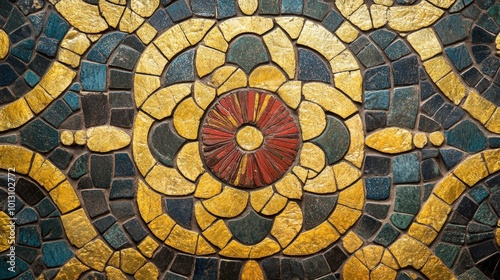 Mosaic floor with gold and red design.