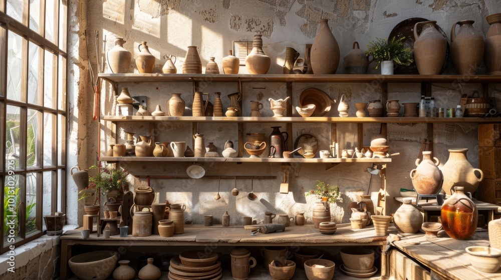 Beautiful pottery on display in a bright, rustic workshop with wooden shelves and natural light streaming in. Beautiful pottery on display in a bright, rustic workshop with wooden shelves and natural light streaming in.