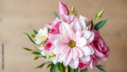 A Stunning Display of Nature's Beauty: A Vibrant Bouquet of Yellow, White, and Pink Flowers Against a Clear Blue Sky