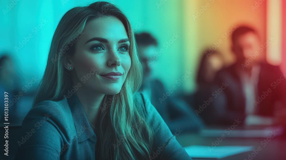 A confident businesswoman engaged in a meeting, showcasing professional attire and a focused expression.