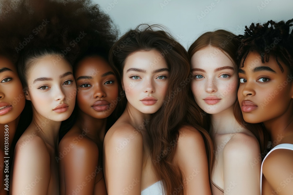 women with distinct skin tones and facial features stand in profile and looking in camera women with distinct skin tones and facial features stand in profile and looking in camera