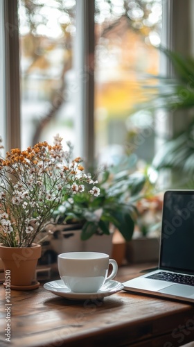 A cozy workspace featuring a cup of tea, flowers, and a laptop beside a window with autumn sunlight streaming in.