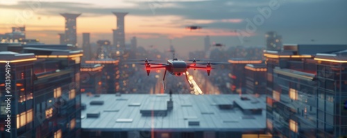 Drone Delivery Services Over Rooftop Skyports, 4K hyperrealistic photo photo