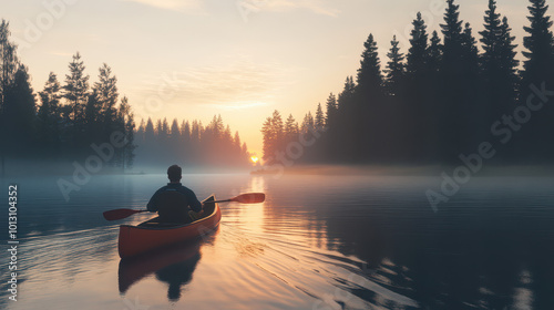 Canoeist paddling through a misty lake at sunrise, surrounded by evergreen forests. Photorealistic nature scene from a canoe seat perspective. Serene and tranquil atmosphere.