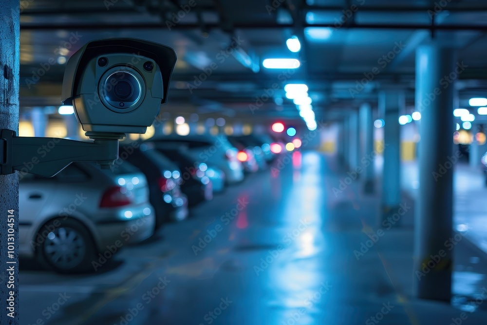 A parking lot with a security camera mounted on a pole A parking lot with a security camera mounted on a pole