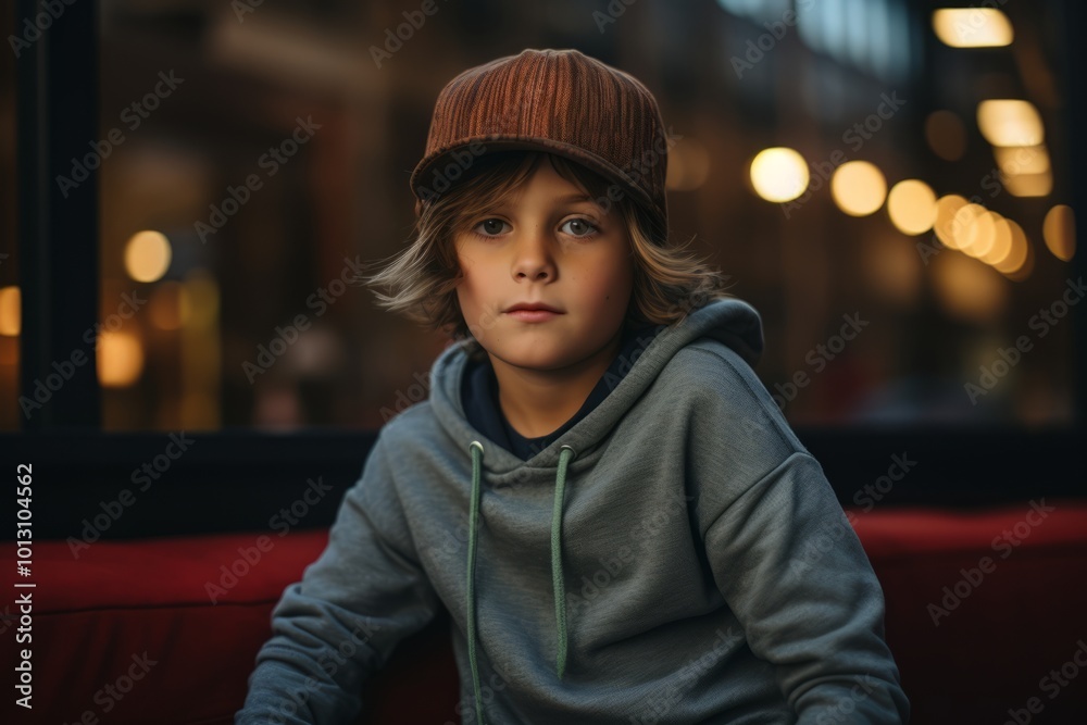 Portrait of a boy in a cap in a cafe at night Portrait of a boy in a cap in a cafe at night