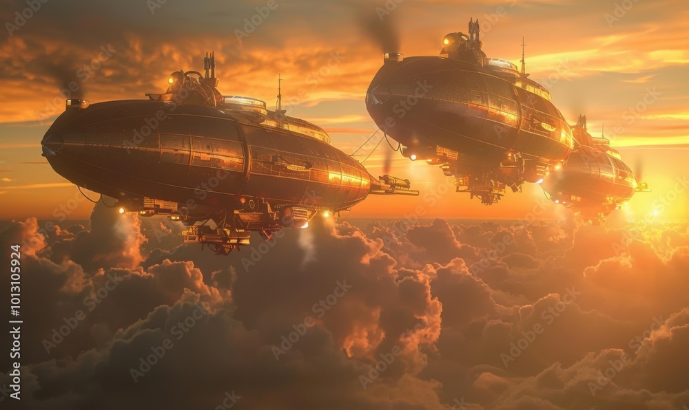 Retro-futuristic dirigibles bustling with steam-powered engines, navigating a sunset-filled sky, 4K hyperrealistic photo Retro-futuristic dirigibles bustling with steam-powered engines, navigating a sunset-filled sky, 4K hyperrealistic photo