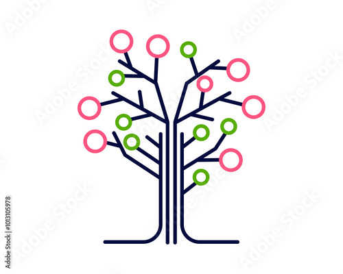Pink and green decision tree with circles on branch. Decoration simple tree with technology elements.