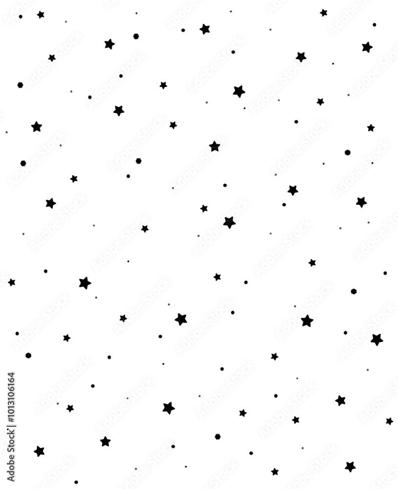 Sfondo bianco con stelline nere. Sfondo grafico con cielo stellato. Stelline sparse di varie misure.