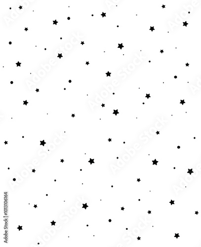 Sfondo bianco con stelline nere. Sfondo grafico con cielo stellato. Stelline sparse di varie misure.