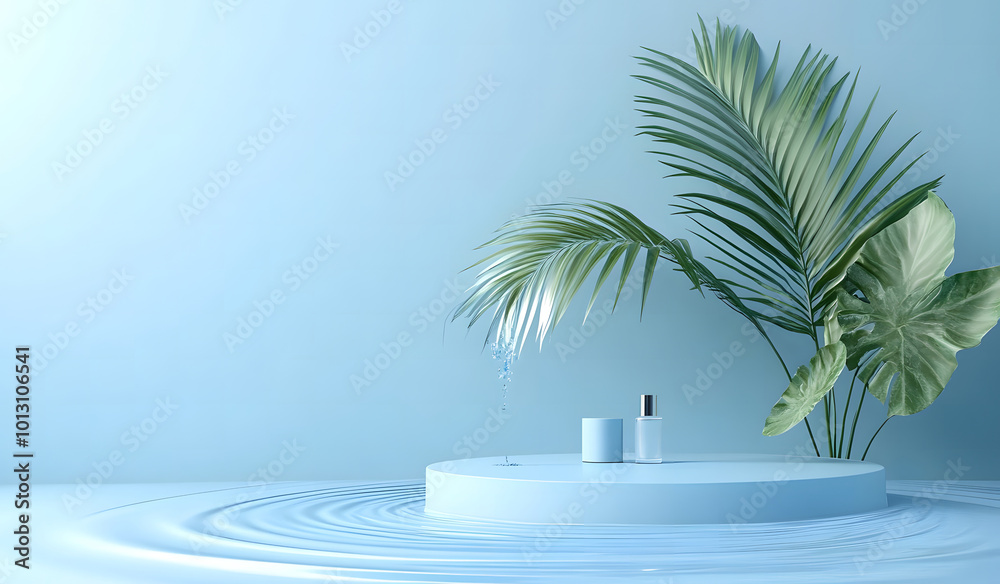 Obraz premium 3D render of a podium with summer beach elements, a blue background design