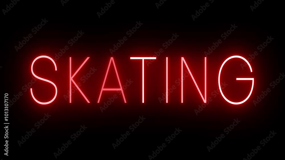 Flickering red retro style neon sign glowing against a black background SKATING Flickering red retro style neon sign glowing against a black background SKATING