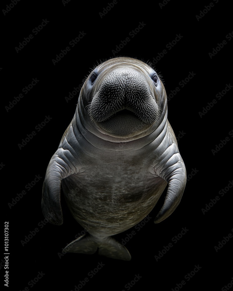 the Manatees, portrait view, white copy space on right, Isolated on black Background the Manatees, portrait view, white copy space on right, Isolated on black Background