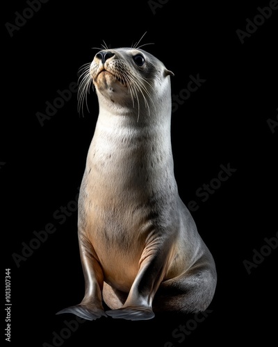 the Sea Lions, portrait view, white copy space on right, Isolated on black Background