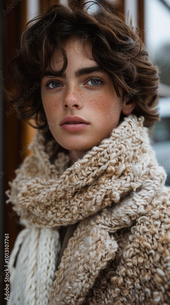 Close-up Portrait of a Woman with Freckles and a Knitted Scarf Close-up Portrait of a Woman with Freckles and a Knitted Scarf