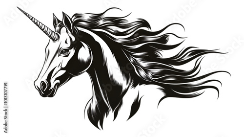 Black Unicorn Portrait, Vector Illustration, Isolated on White Background, Fantasy Creature and Magical Concept

