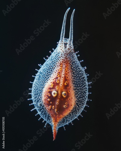 the Radiolarians Zooplankton, portrait view, white copy space on right, Isolated on black Background photo