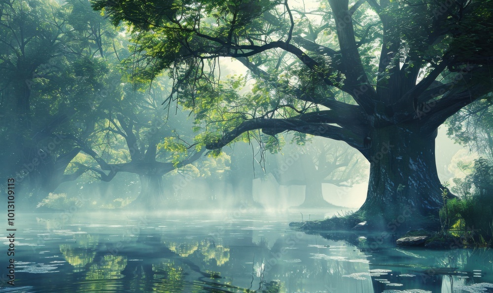 Fototapeta premium Ancient grove sanctuary in mist, 4K hyperrealistic photo