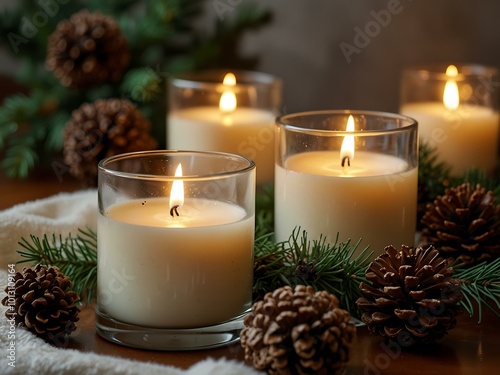 Winter decor with candles and pinecones for a cozy holiday ambiance. photo