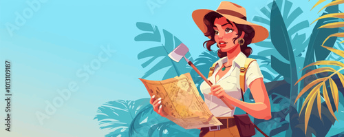 Adventurous pin-up archaeologist in a safari outfit, holding a map and shovel, flat, vector illustration, pin-up style