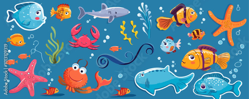 Adorable undersea stickers set with fish, crabs, and seaweed, ideal for ocean-themed projects and aquariums, flat stickers set, vector illustration. photo