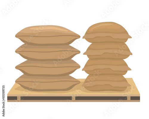 Burlap sack rice bags stack on wooden pallet